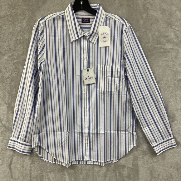 UNTUCKit Tops - Untuckit Dress Shirt Women’s 12 L White Blue Vertical Stripe Button Down Top NWT